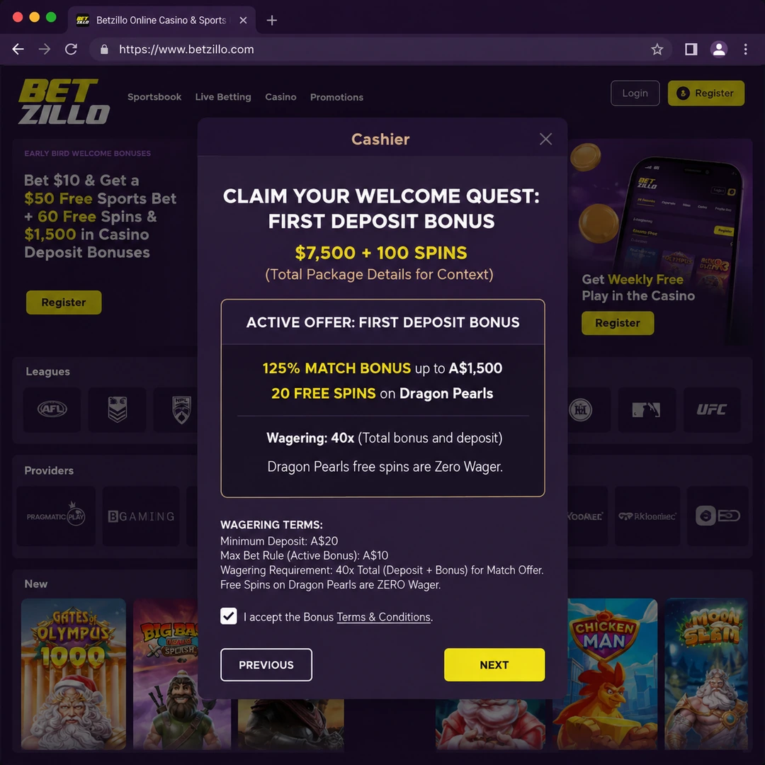 Betzillo cashier showing the first-deposit 125 percent match up to A$1,500 with 20 zero-wager free spins on Dragon Pearls, 40x wagering terms at the bottom.
