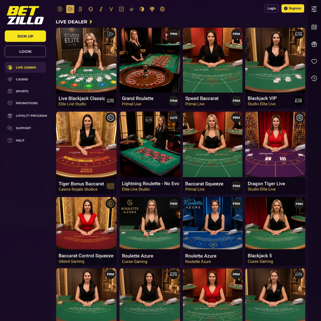 live casino lobby with blackjack, roulette, baccarat and Tiger Bonus Baccarat tables visible; the feeds are from secondary studios rather than Evolution or Pragmatic Live.