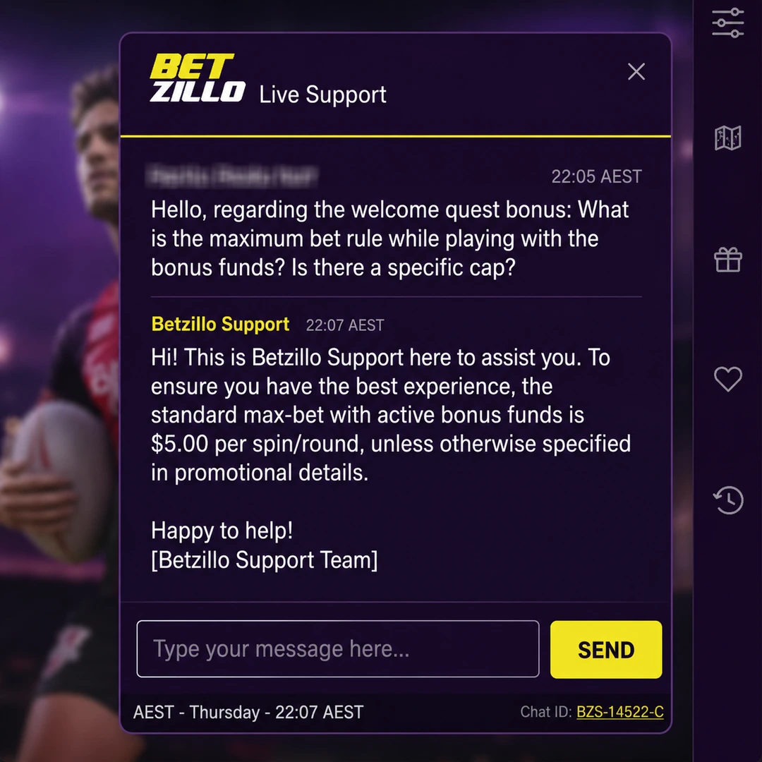 Betzillo live-chat transcript at 22:07 AEST on a Thursday: a question on the bonus max-bet rule sent 22:05, agent reply 22:07, player name redacted.