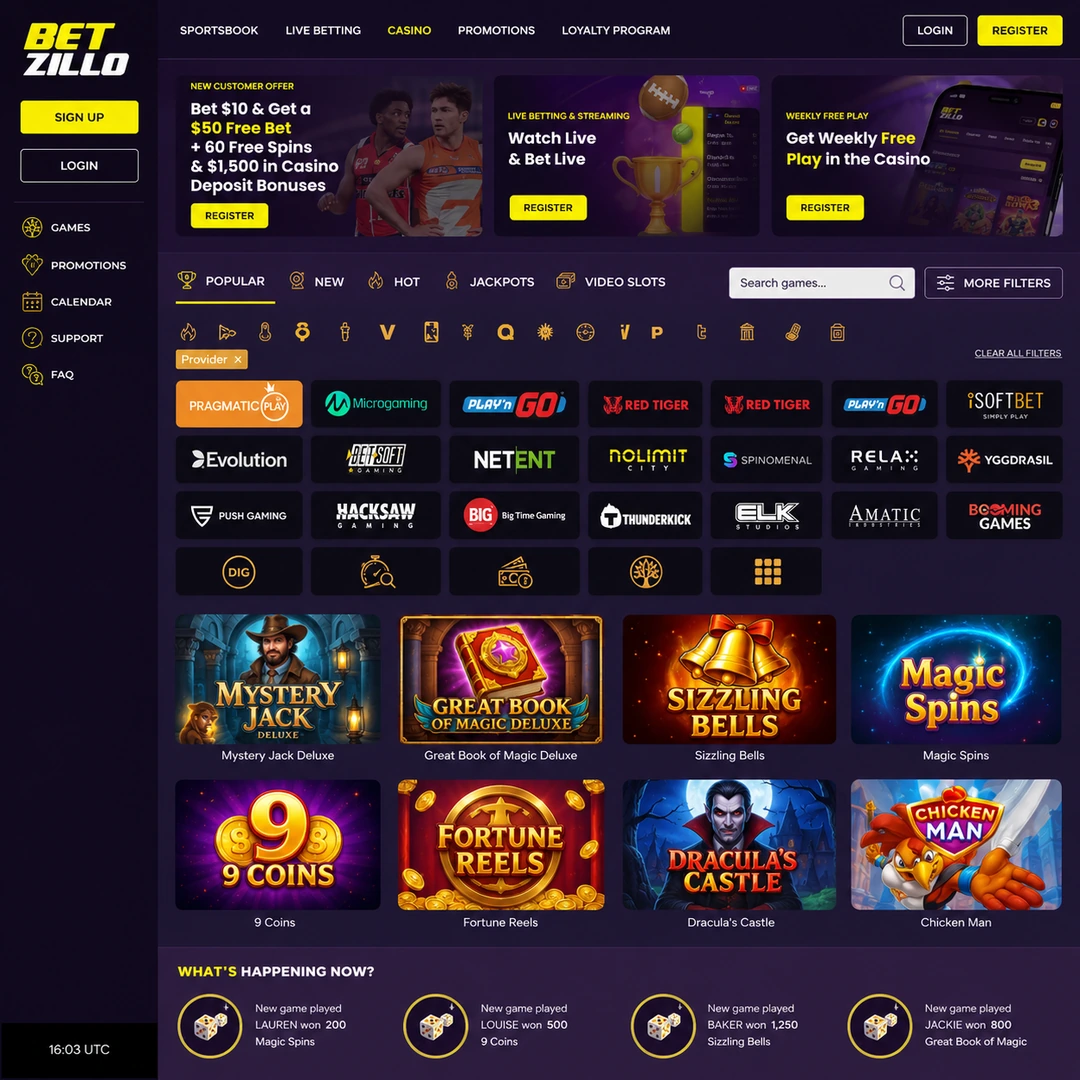 Betzillo pokies lobby with the provider filter open.